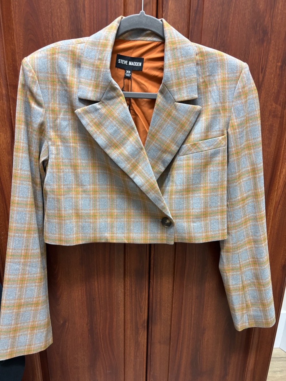 Steve Madden Cropped Plaid Blazer in Tan and Light Blue